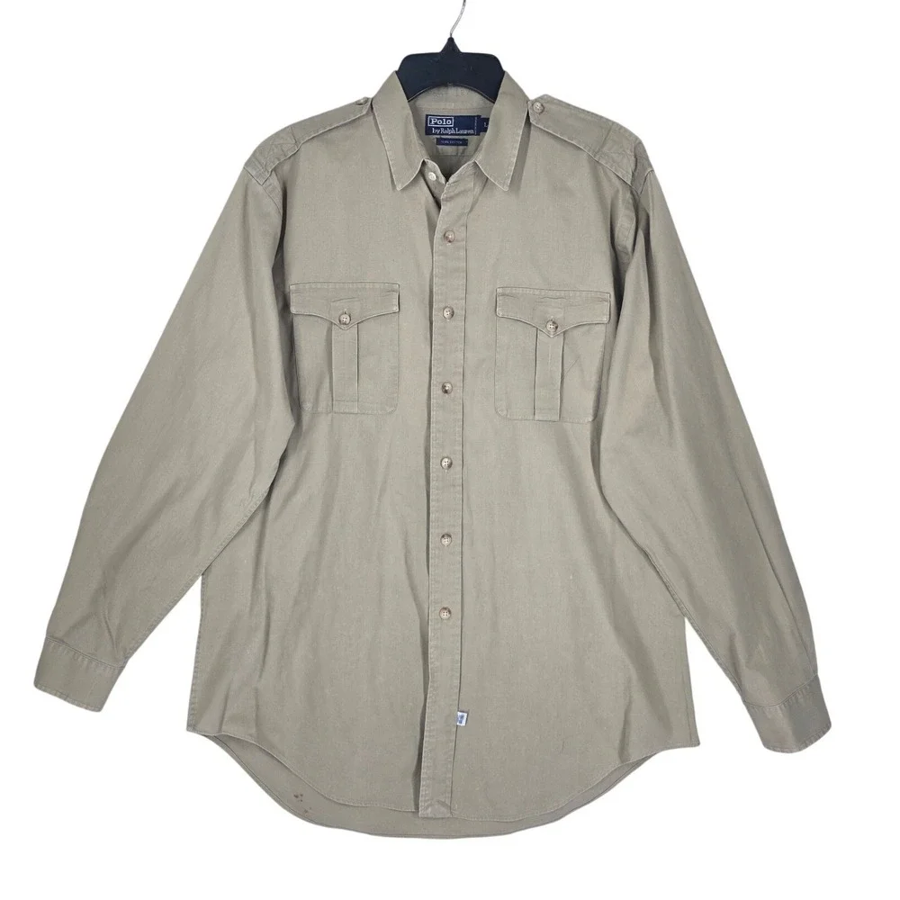 Vtg Y2K Polo Ralph Lauren Shirt Mens L Khaki Cotton Twill Safari Epaulette LS - Picture 9 of 11